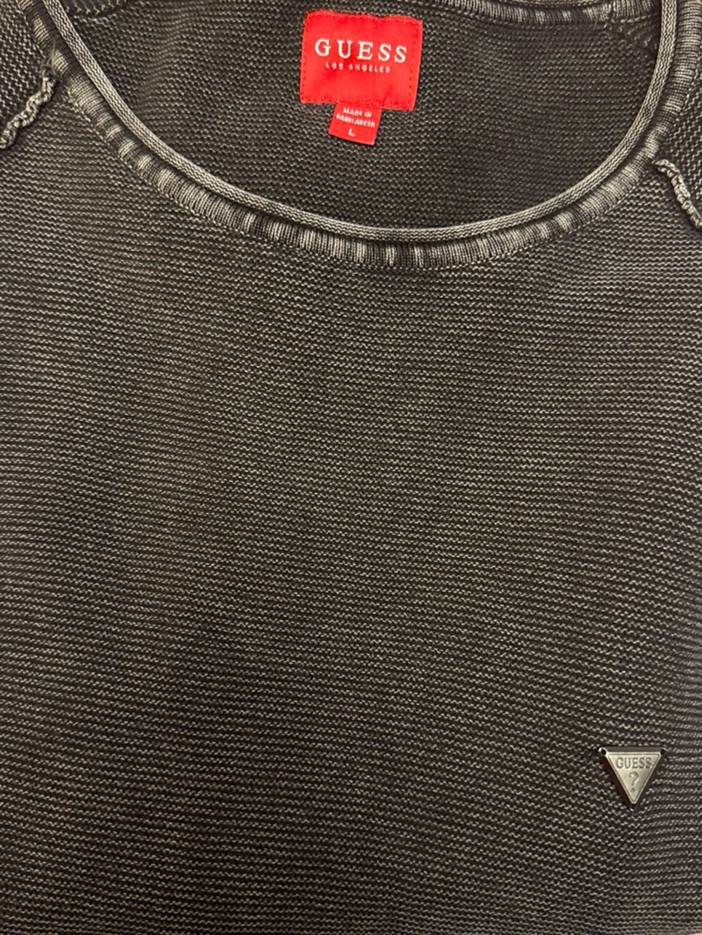 GUESS Men's Black Crewneck Knit Sweater with Logo Pin